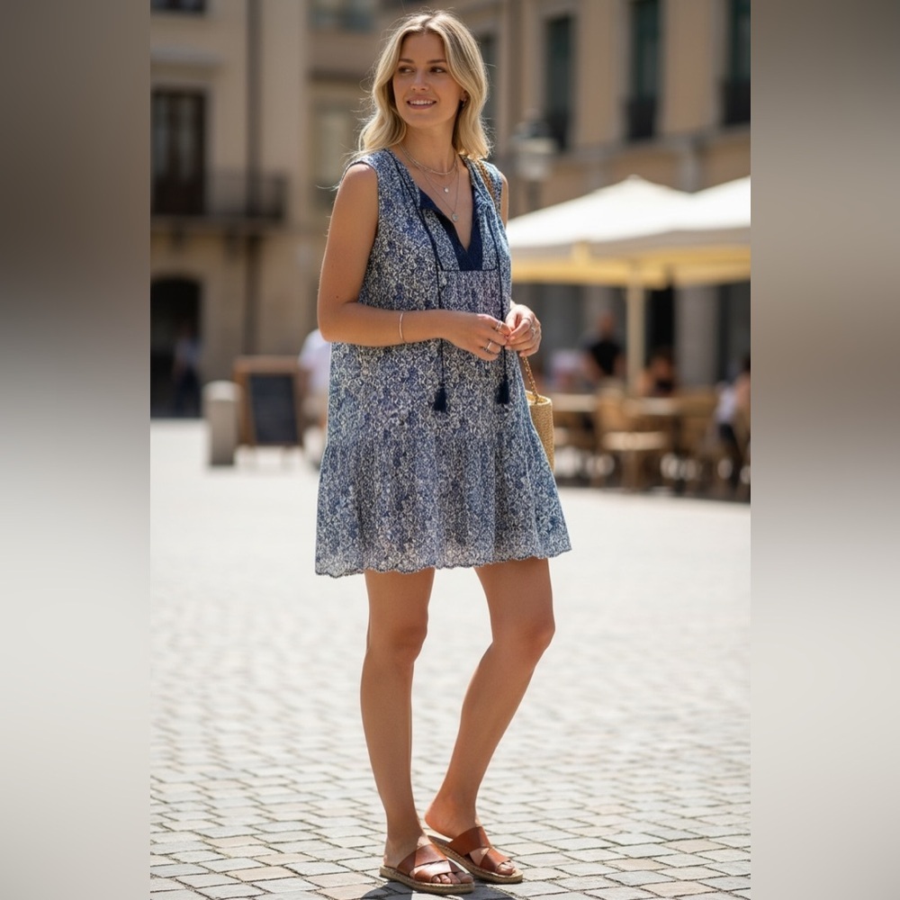 Daniel Rainn Cottegecore Floral Lace Eyelet Boho Tassel Sleeveless Mini Dress